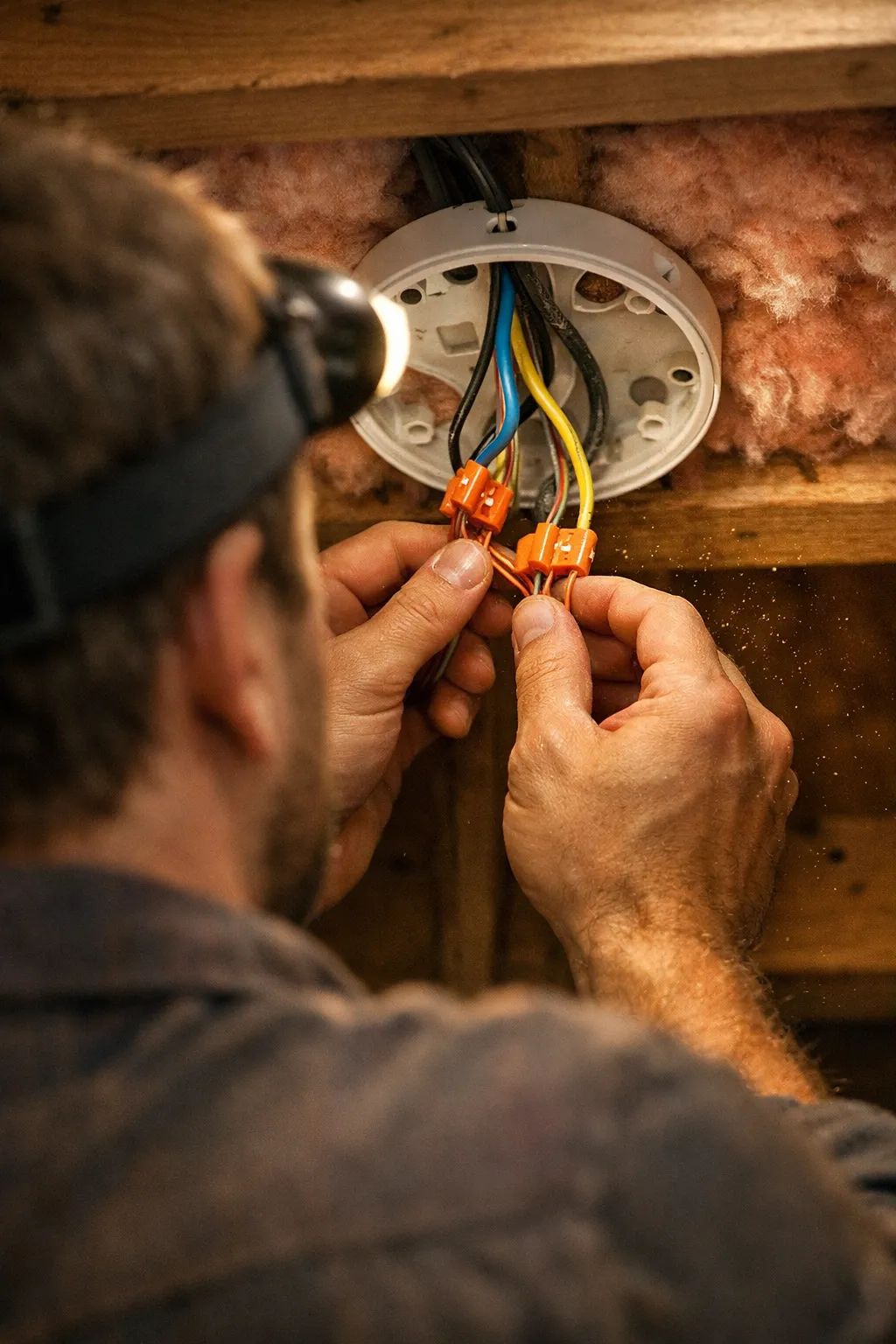 Electrician wiring a commercial electrical panel in a French Valley business