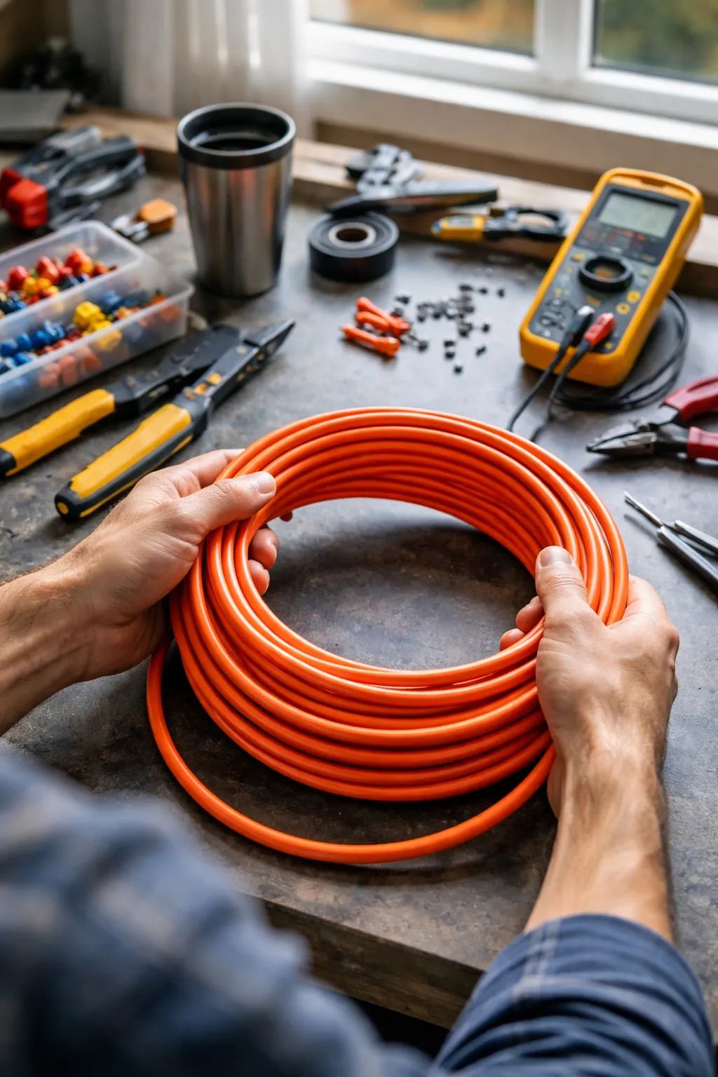 Electrician wiring a commercial electrical panel in a Murrieta business